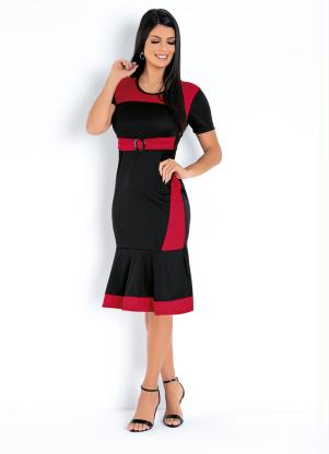 Vestido (Preto e Vermelho) Faixa Moda Evangélica