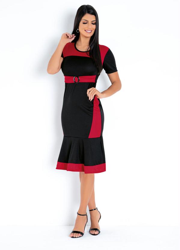 Vestido (Preto e Vermelho) Faixa Moda Evanglica