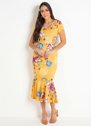 Vestido Sereia Moda Evanglica (Floral Amarelo)