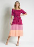 Vestido Tricolor Rosa Comfivela Moda Evangélica