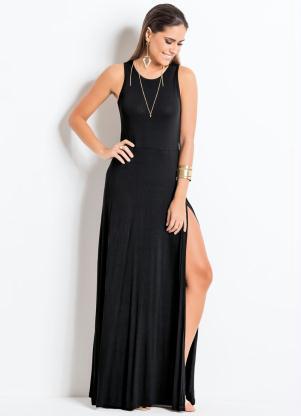 vestido preto longo basico com fenda
