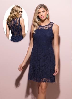 Vestido Renda com Costas Transparente (Marinho)