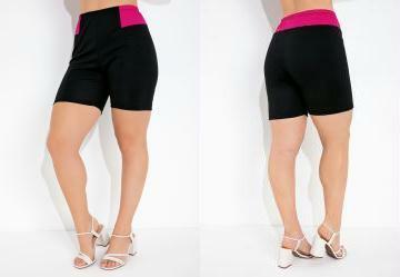 Bermuda Cintura Alta Preta e Rosa com Recortes