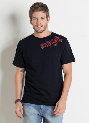 Camiseta Actual (Preta) com Bordado de Rosas