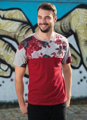 Camiseta com Estampa Floral (Mescla e Vermelho)