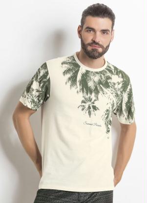 Camiseta (Creme) com Estampa de Folhas