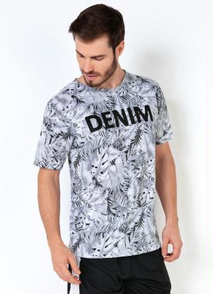 Camiseta Masculina com Estampa de Folhas (Cinza)