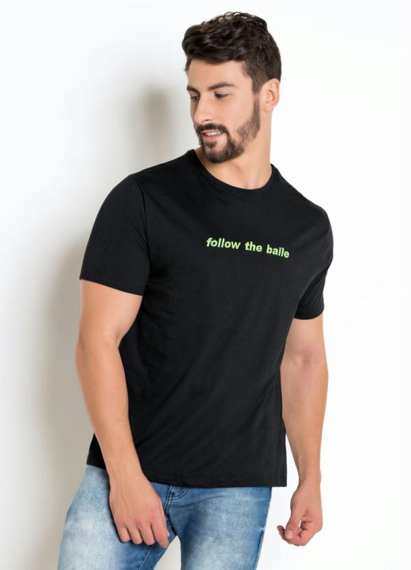 Camiseta (Preta)Follow Bordado Neon