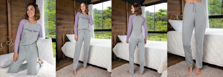 Pijama com Estampa Frontal Mescla/Lils