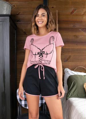 Pijama Curto com Estampa Frontal (Rosa/Preto)