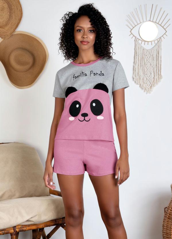 Pijama Mangas Curtas com Bordado (Mescla e Rosa)