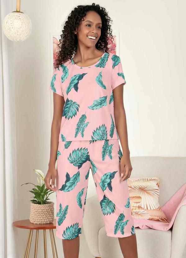 Pijama Capri de Mangas Curtas (Folhas/Rosa)