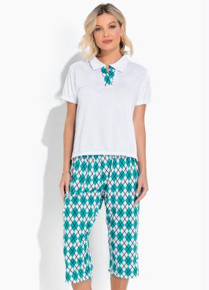 Pijama Estampado com Gola (Verde e Branco)