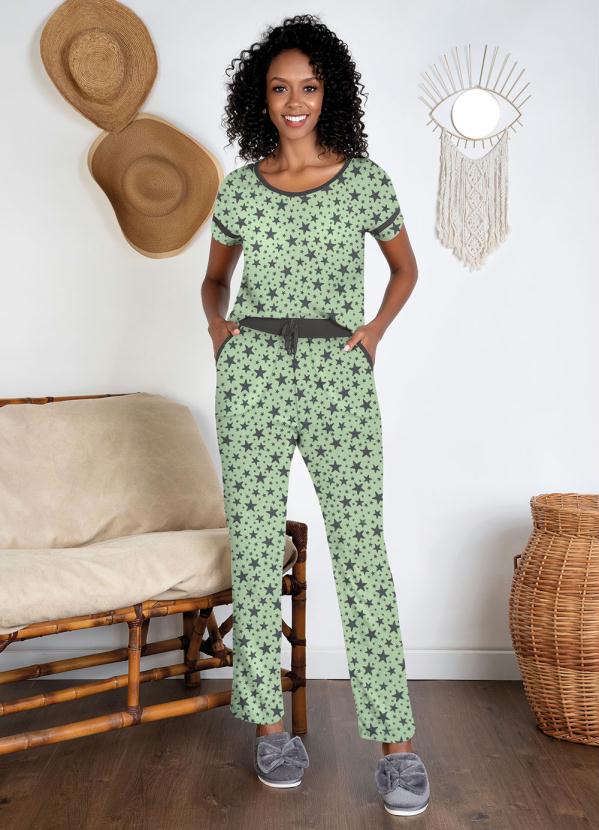Pijama Longo de Mangas Curtas (Verde Claro/Chumbo)