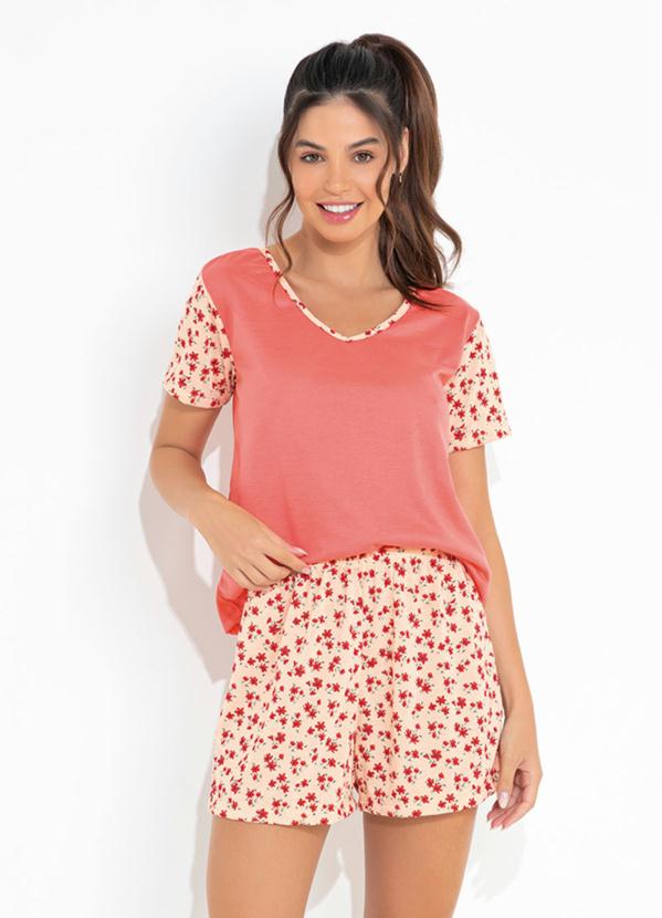Pijama Curto com Decote V e Estampa (Coral)