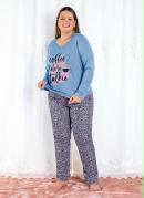 Pijama Longo com Viés na Barra Azul/Floral 