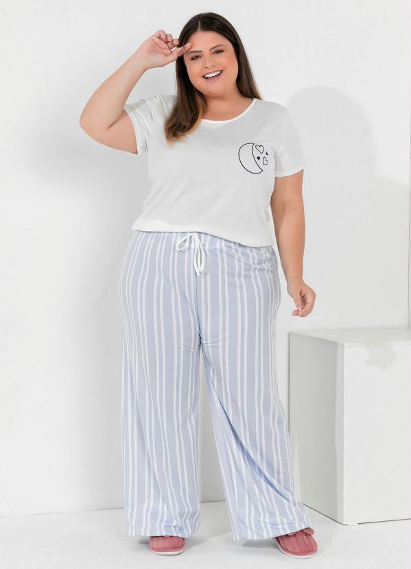 Pijama Longo Plus Size (Branco e Listras)