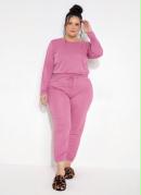Pijama Longo Plus Size Rosa com Elástico