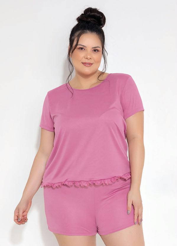 Pijama Plus Size Curto (Rosa) com Babado na Blusa