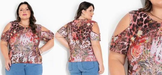 Blusa Floral e Animal Print com Mangas Plus Size