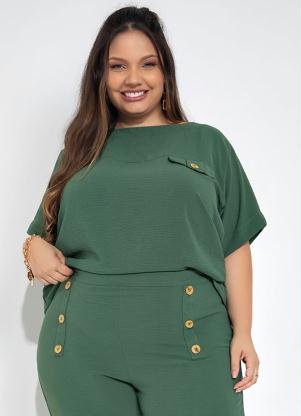 Blusa Plus Size (Verde) com Lapela Falsa