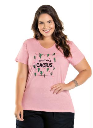 T-Shirt com Estampa Frontal (Rosa) Plus Size