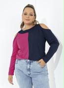 Blusa Marinho e Pink com Recortes Plus Size