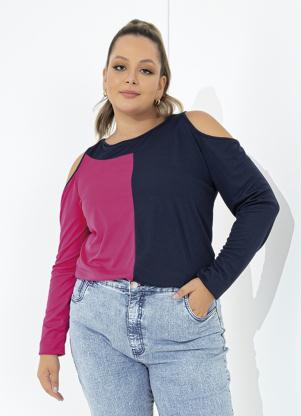Blusa (Marinho e Pink) com Recortes Plus Size