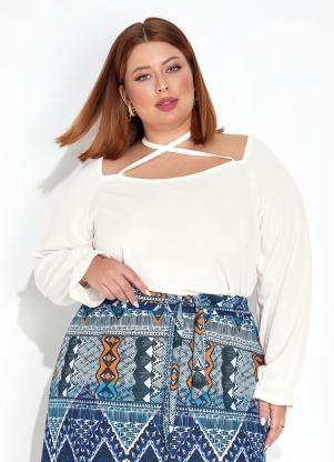 Blusa (Off White) Amarrao no Decote Plus Size