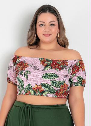 Cropped (Floral Rosa) Ombro a Ombro Plus Size