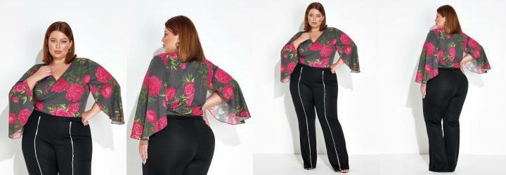 Body Floral Preto com Transpasse Plus Size