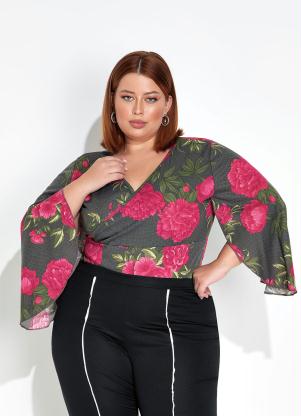 Body (Floral Preto) com Transpasse Plus Size