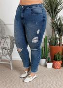 Calça Jeans Plus Size Azul com Detalhe em Pérola
