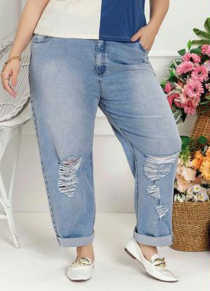 Calça Plus Size (Jeans Claro) com Puídos