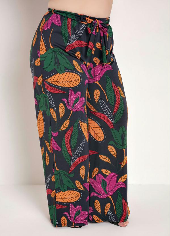 Calça (Floral) Pantalona com Faixa Plus Size