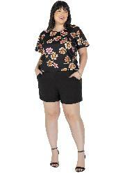 Conjunto Floral e Preto Blusa e Short Plus Size
