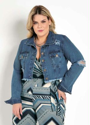 Jaqueta (Jeans) Cropped Destroyed Plus Size