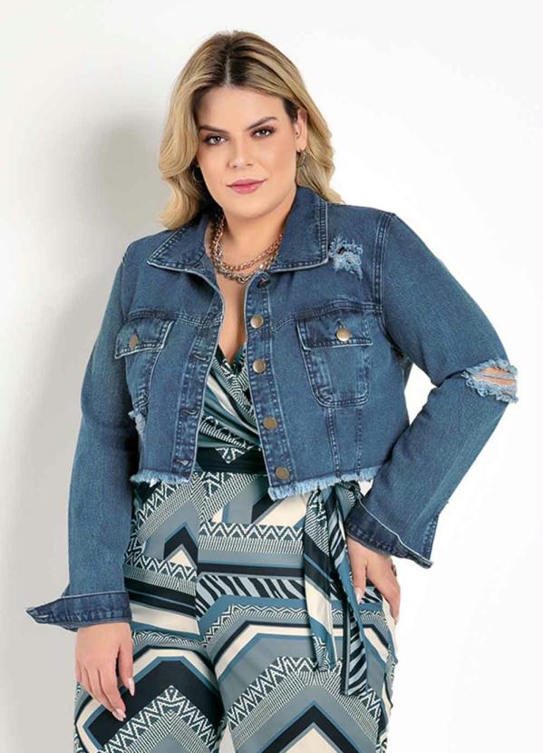Jaqueta (Jeans) Cropped Destroyed Plus Size