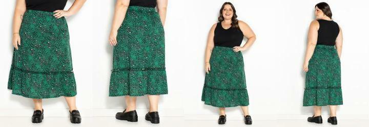 Saia Animal Print Verde com Frufru Plus Size