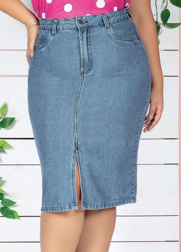 Saia Midi (Jeans) com Fenda Plus Size
