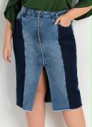Saia Midi Reta Jeans com Recortes Plus Size