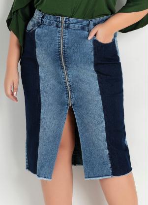 Saia Midi Reta (Jeans) com Recortes Plus Size