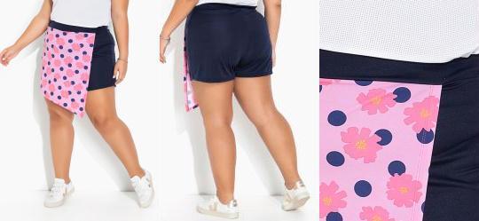 Short-Saia Azul e Floral Sobreposio Plus Size