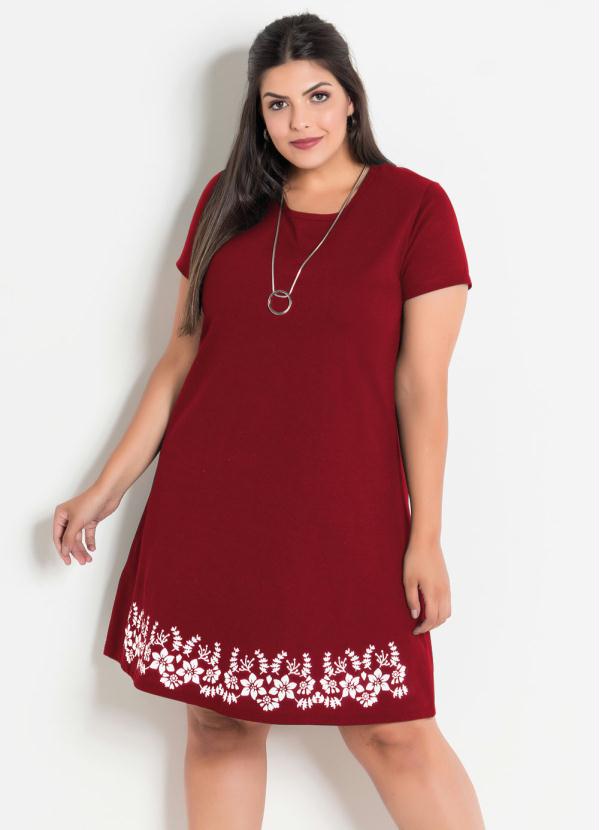 Vestido Plus Size com Barra Floral (Vermelho)