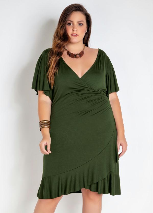 Vestido Plus Size Envelope com Babado (Verde)