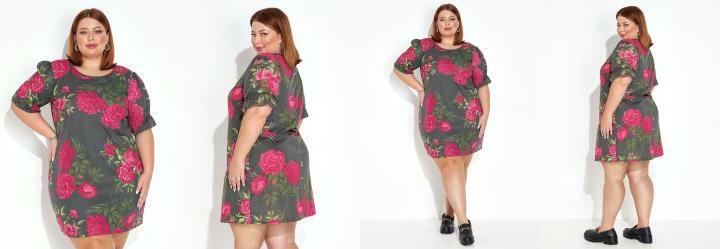 Vestido Po Preto com Mangas Curtas Plus Size