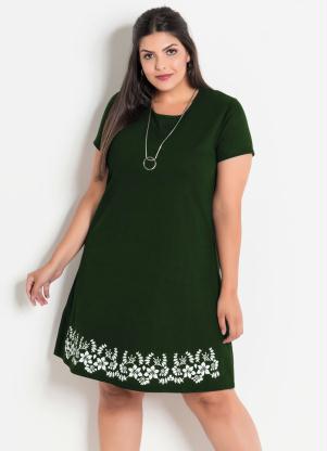 Vestido (Verde Militar) Plus Size com Barra Floral