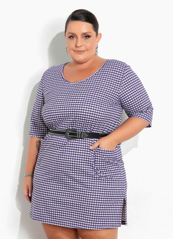 Vestido (Xadrez Roxo) com Bolsos Plus Size