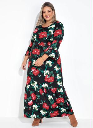 Vestido (Floral Preto) com Babados Plus Size