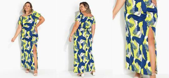 Vestido Folhas Marinho Ombro a Ombro Plus Size